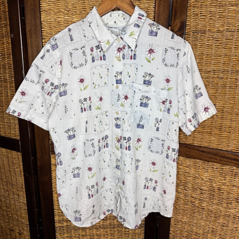 Vintage CottageCore Floral Botanical Button Down Shirt Short Sleeve Large USA